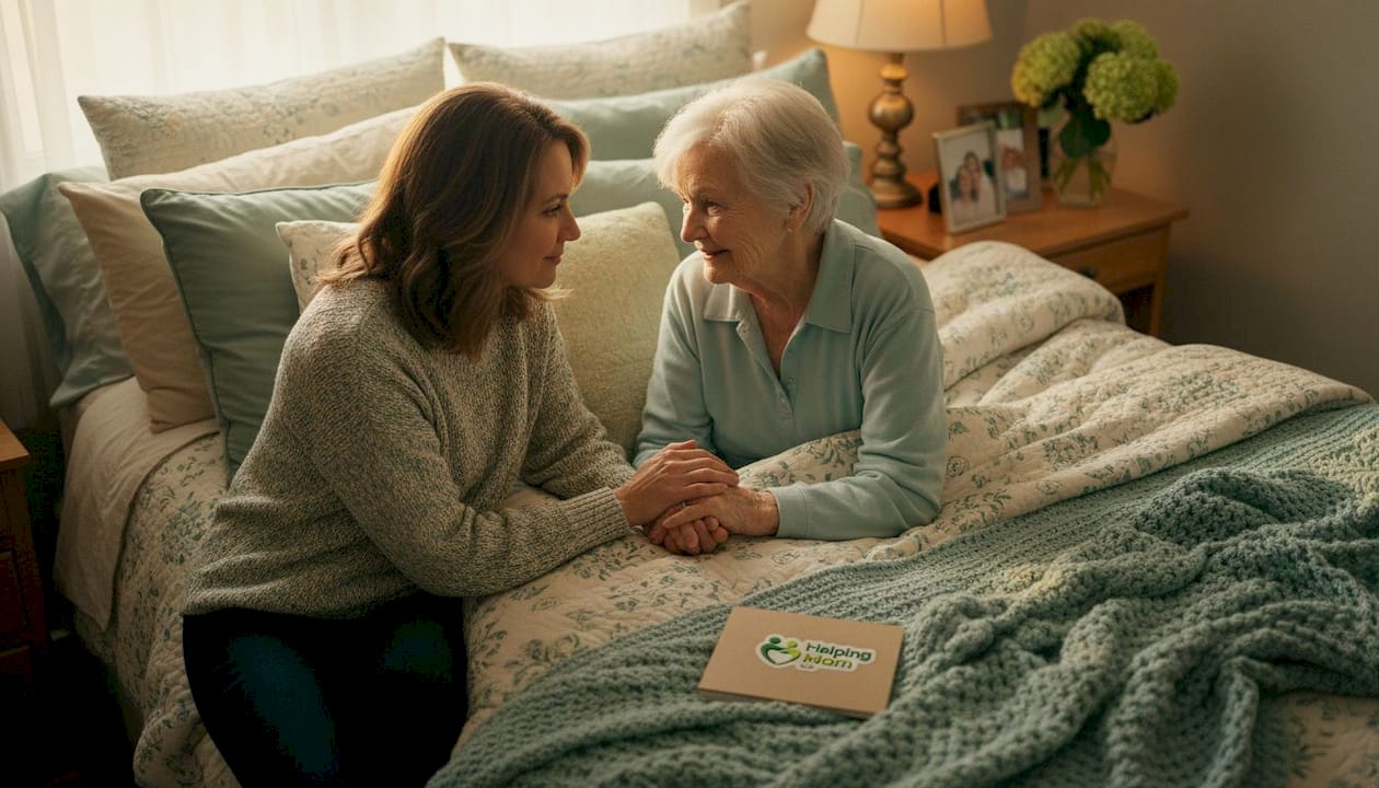 Adult daughter comforting elderly mother at home