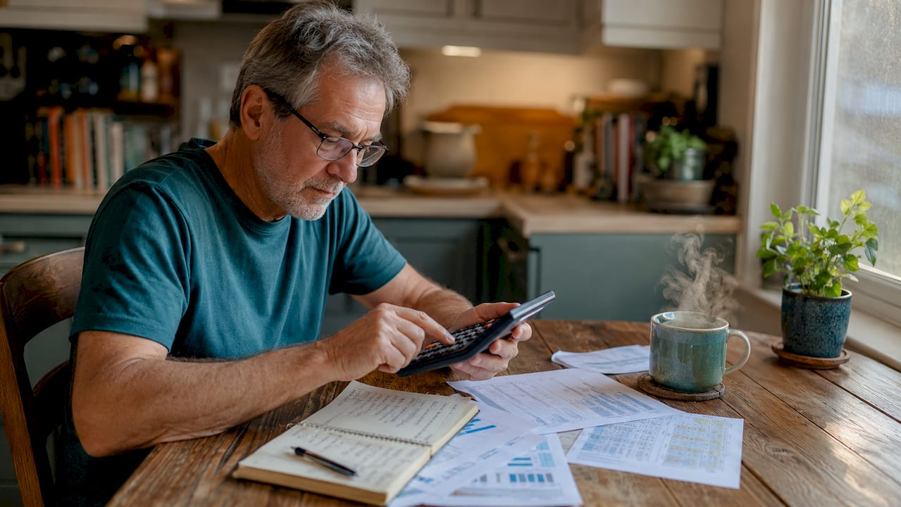 Hands calculating retirement savings with documents