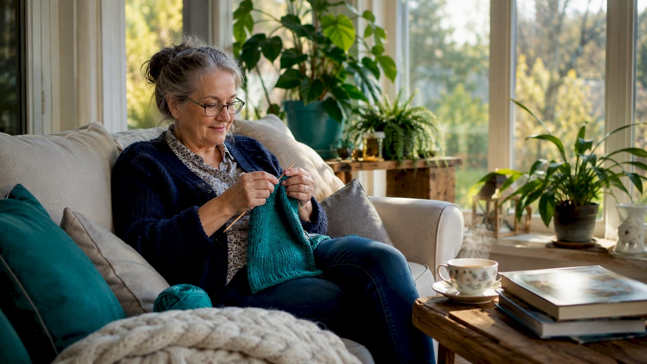 Older woman knitting alone in cozy living room