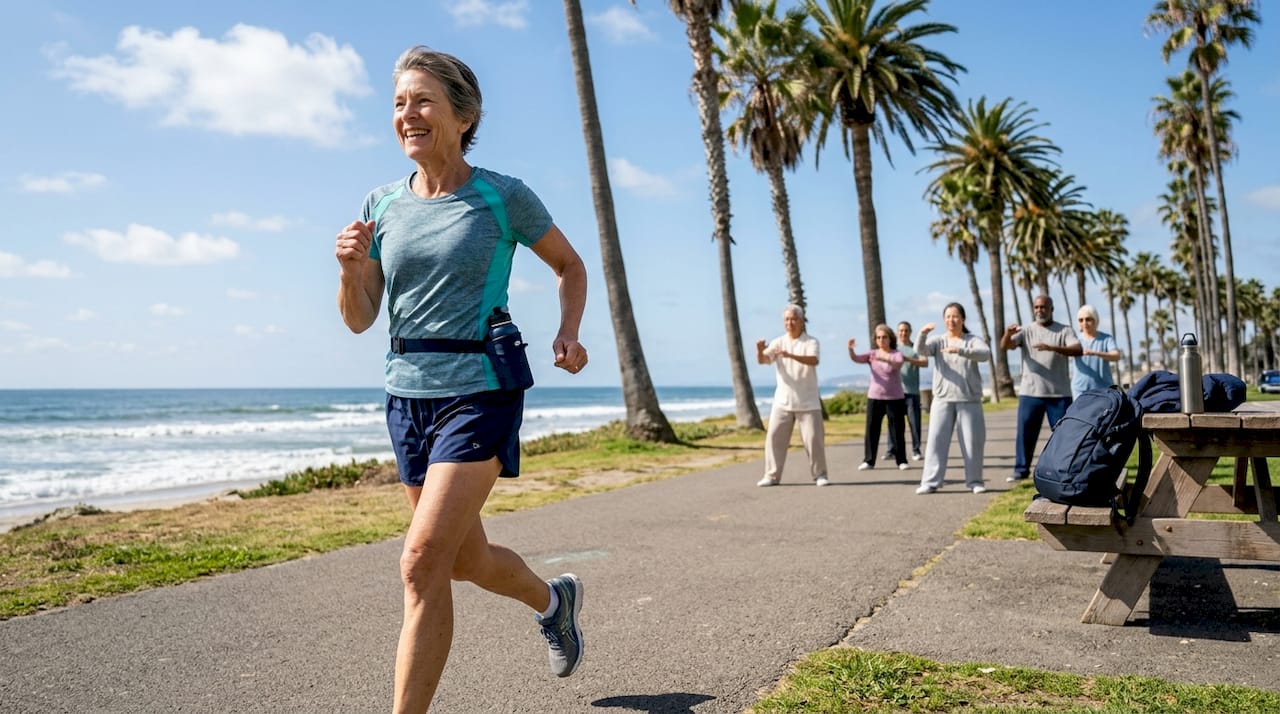Active senior woman walking in park outdoors