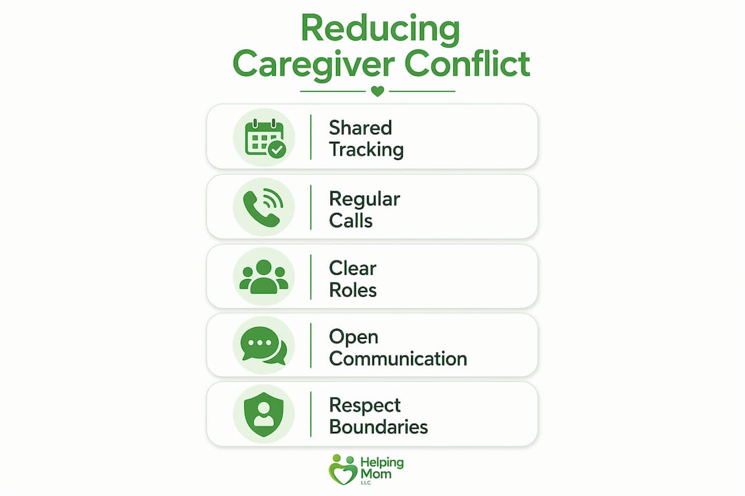 Infographic with steps to reduce caregiver sibling conflict