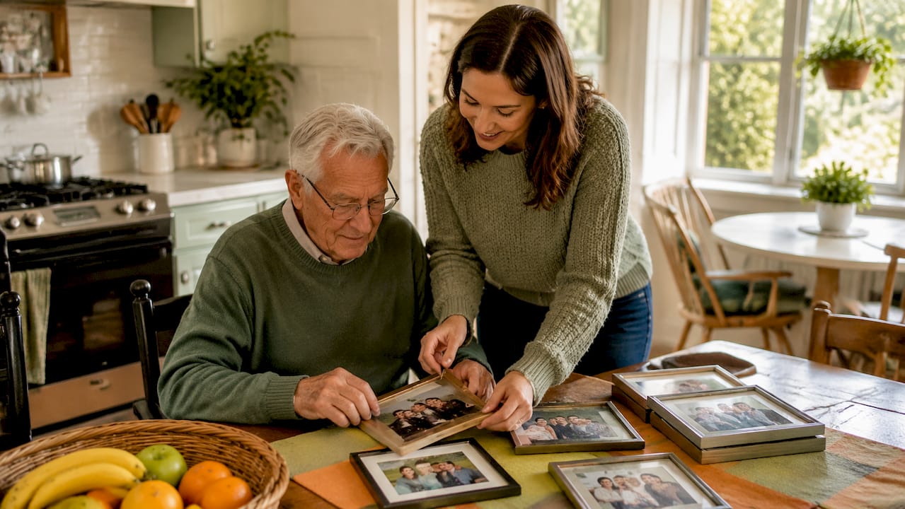Daughter helping father settle in assisted living