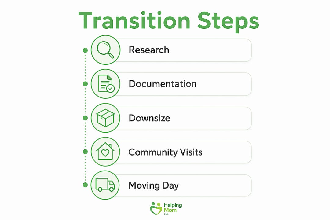 Infographic showing key transition steps to assisted living