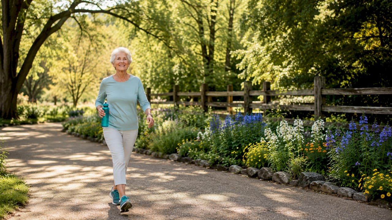 Senior woman walking outdoors for exercise