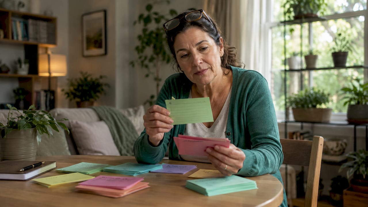 Adult child reviewing memory notes at table