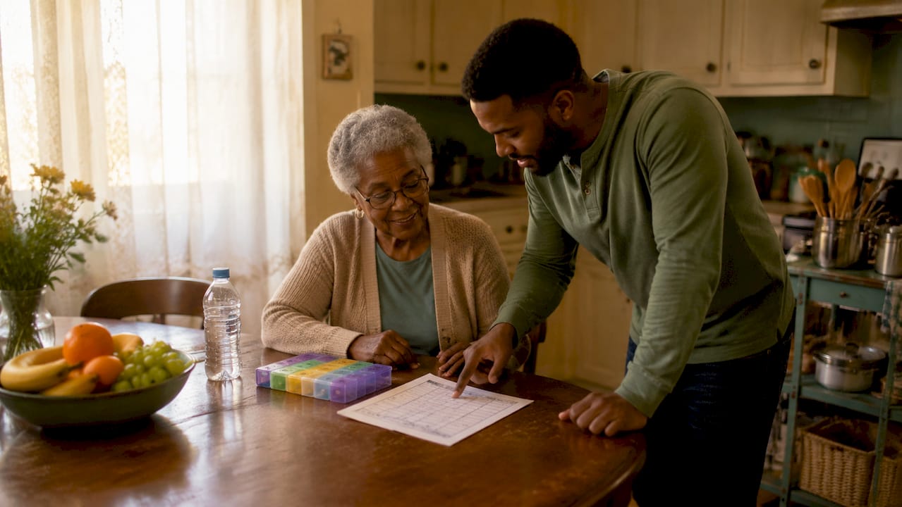 Caregiver assisting elderly woman with medication