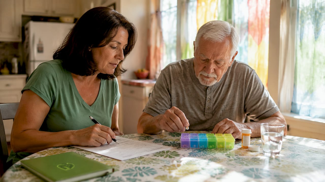 Caregiver assisting senior with pill organizer