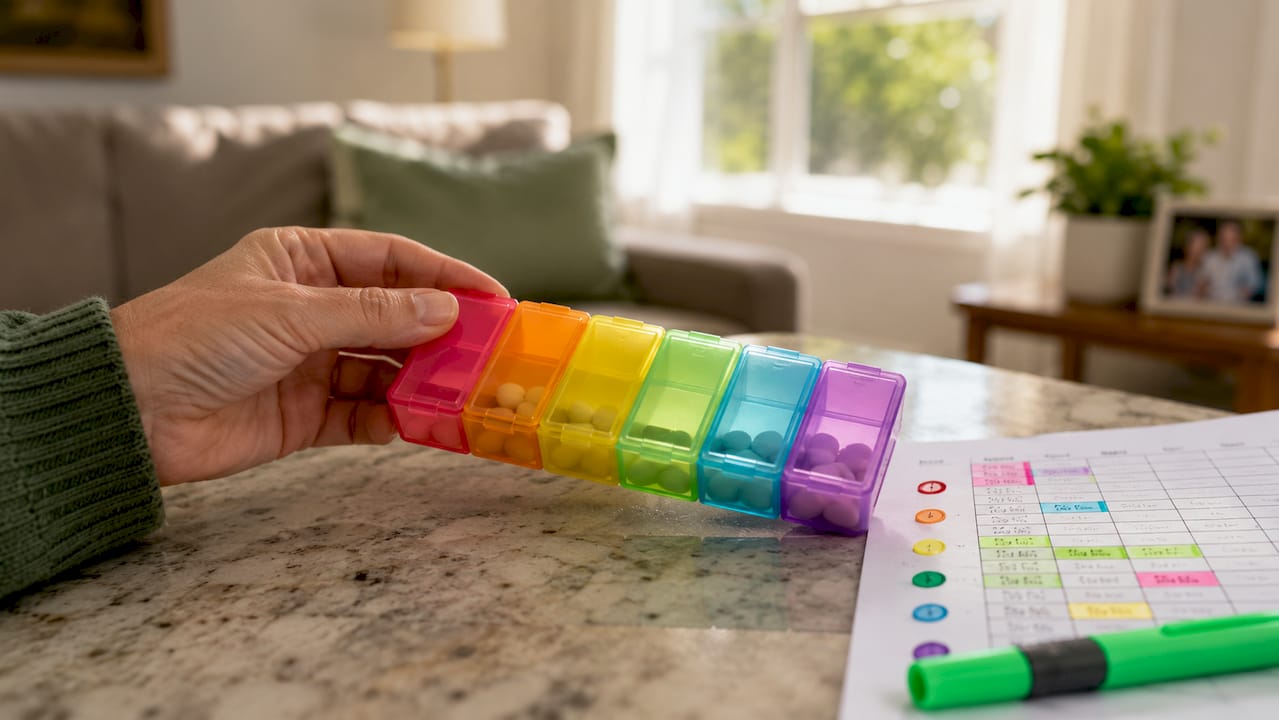 Smart pillbox and medication schedule close-up