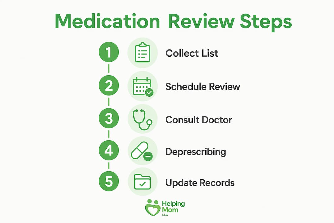 Infographic outlining medication review steps for seniors