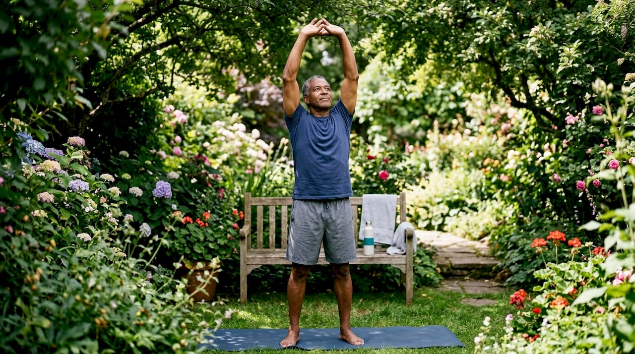 Senior man stretching at home exercise