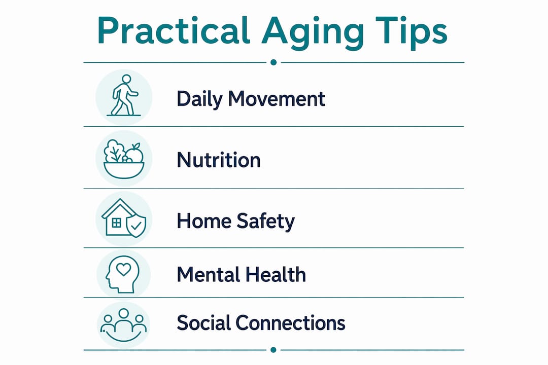 Infographic summarizing practical aging tips