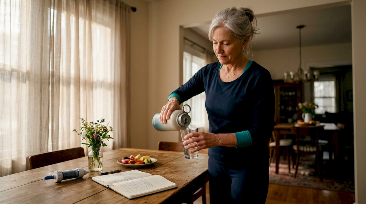 Senior woman pouring water in kitchen
