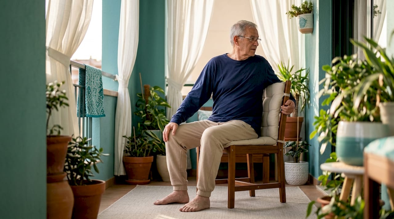 Senior man practicing chair yoga indoors