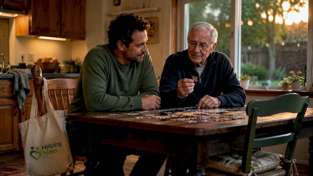 Adult son observing elderly father during puzzle activity