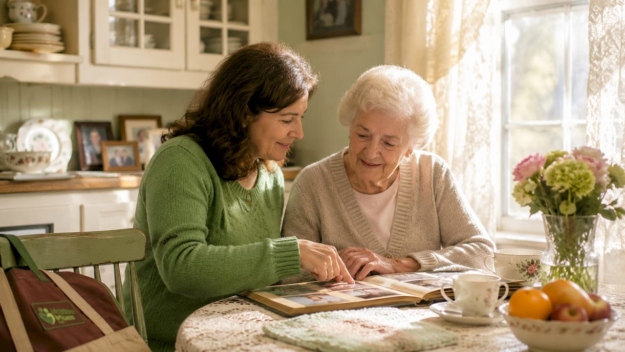 Adult daughter supporting aging mother at kitchen table