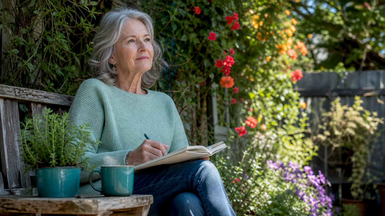 Confident mature woman journaling in living room