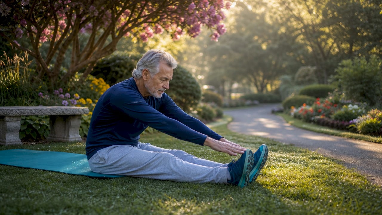 Senior man stretching in park outdoors