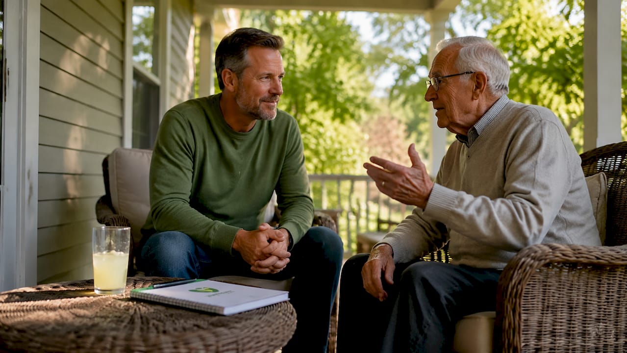 Son and elderly father talking in living room