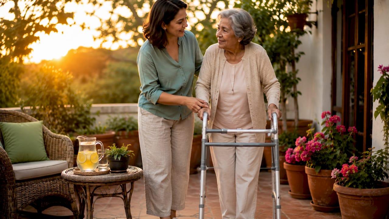 Adult daughter helping her aging mother safely use a walker at home