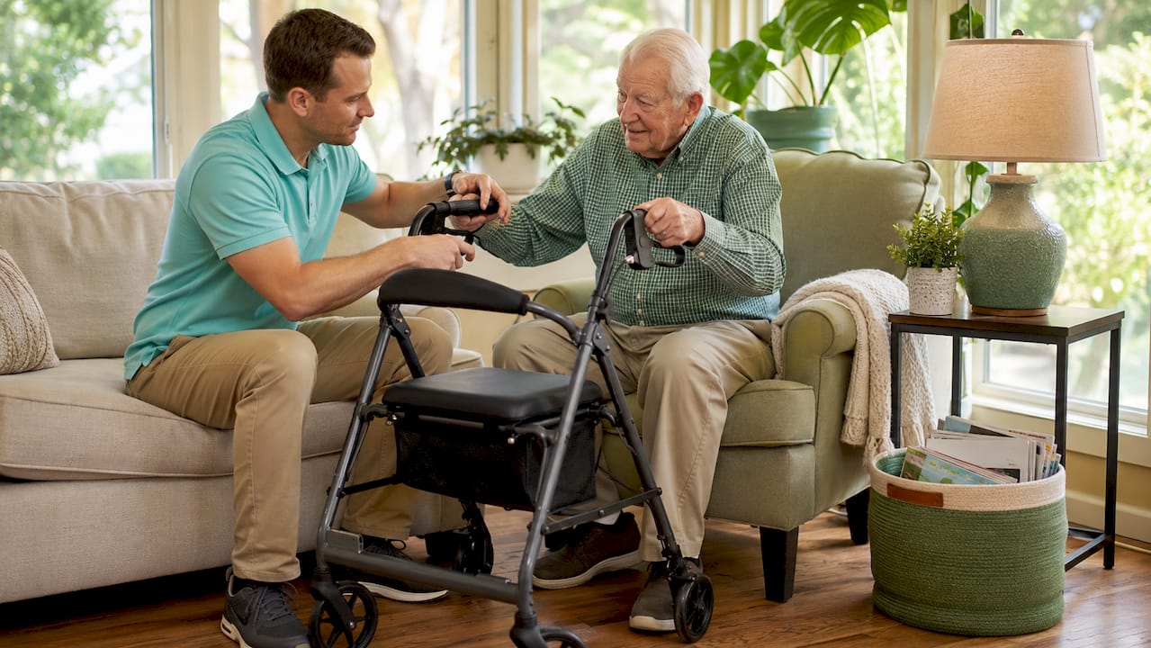 Physical therapist showing rollator use to elderly man