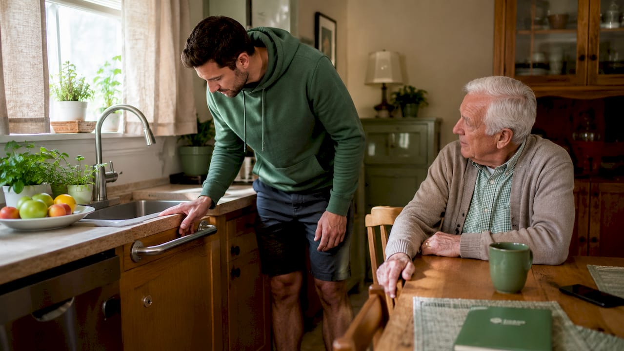 Adult son checking home safety handrail with father