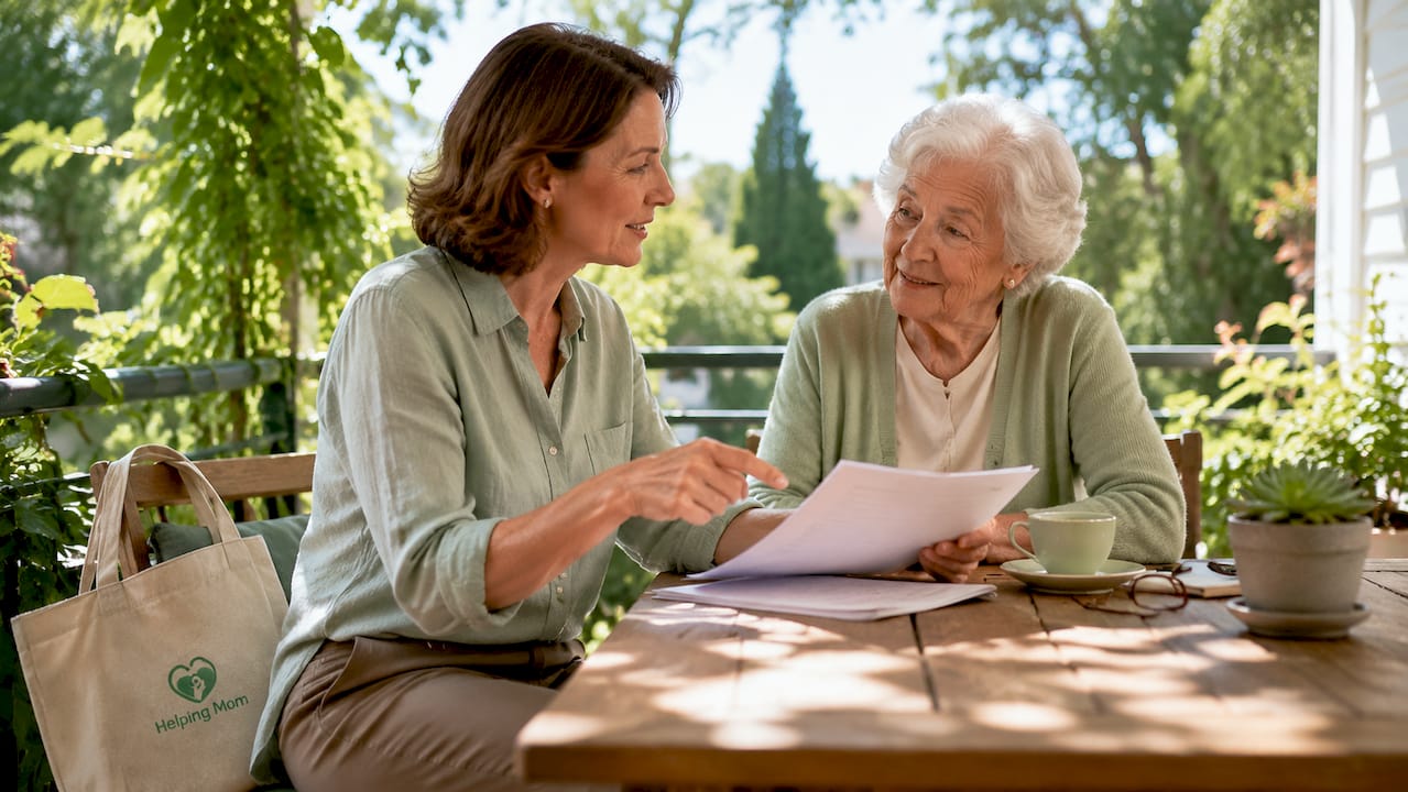 Adult daughter and mother discussing caregiving