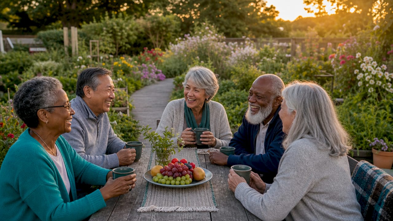 Seniors socializing and sharing snacks outdoors