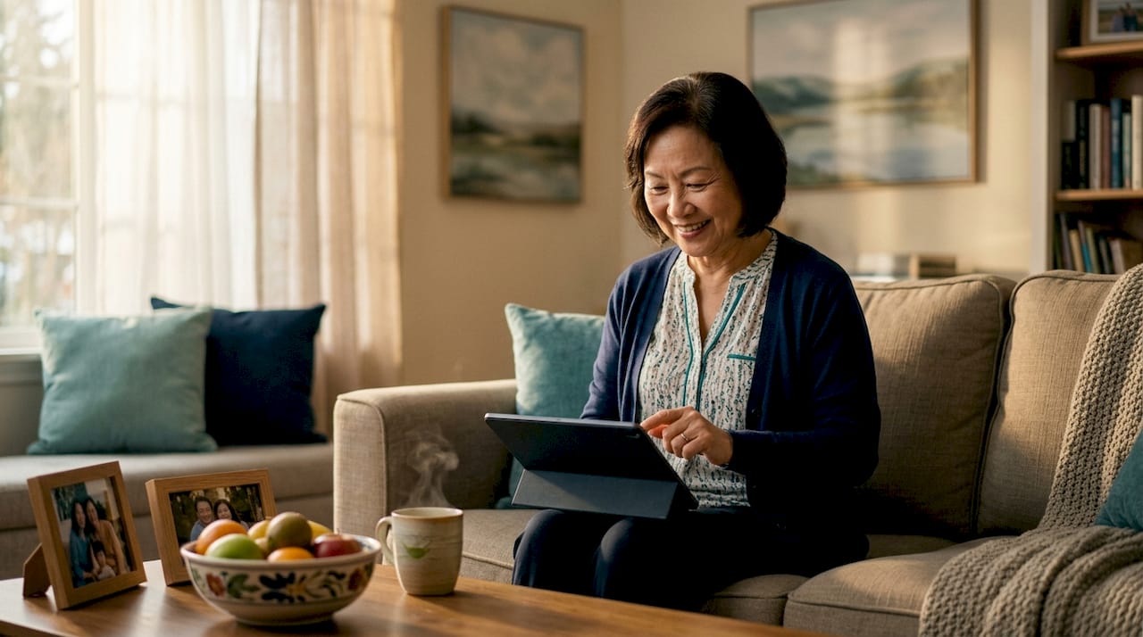 Senior woman using tablet at kitchen table