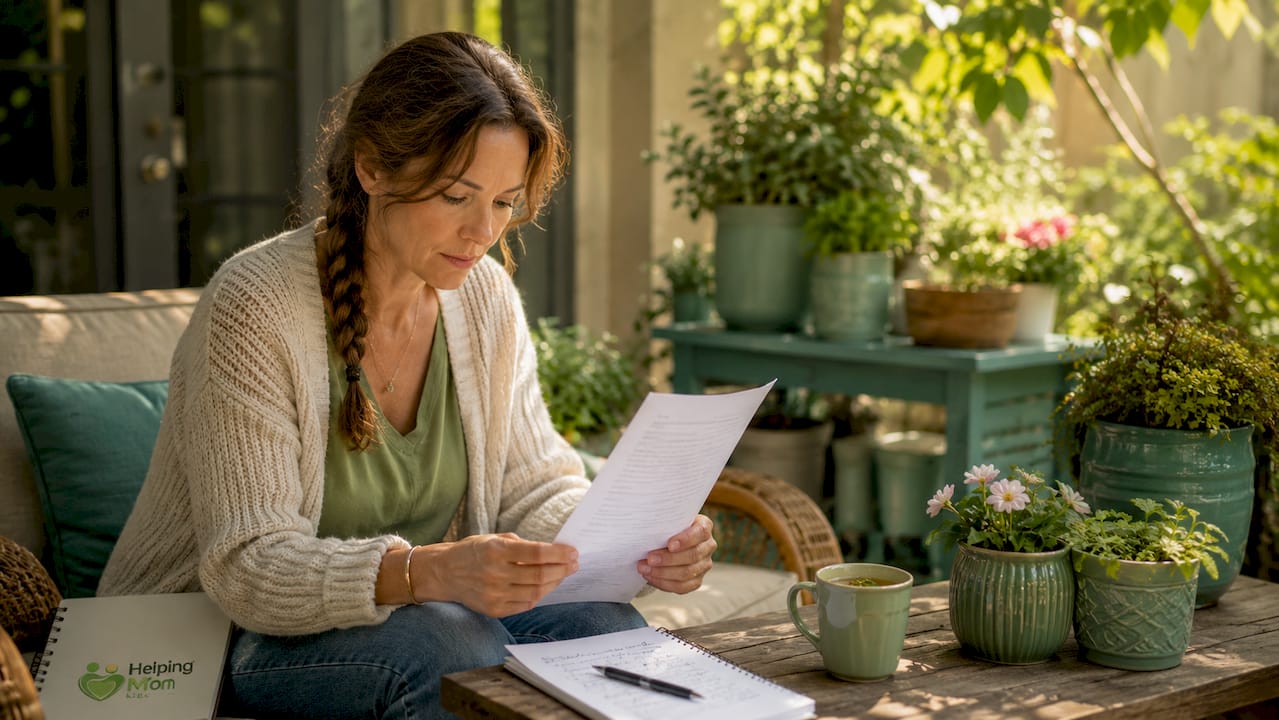 Adult daughter reviewing elder care documents at home