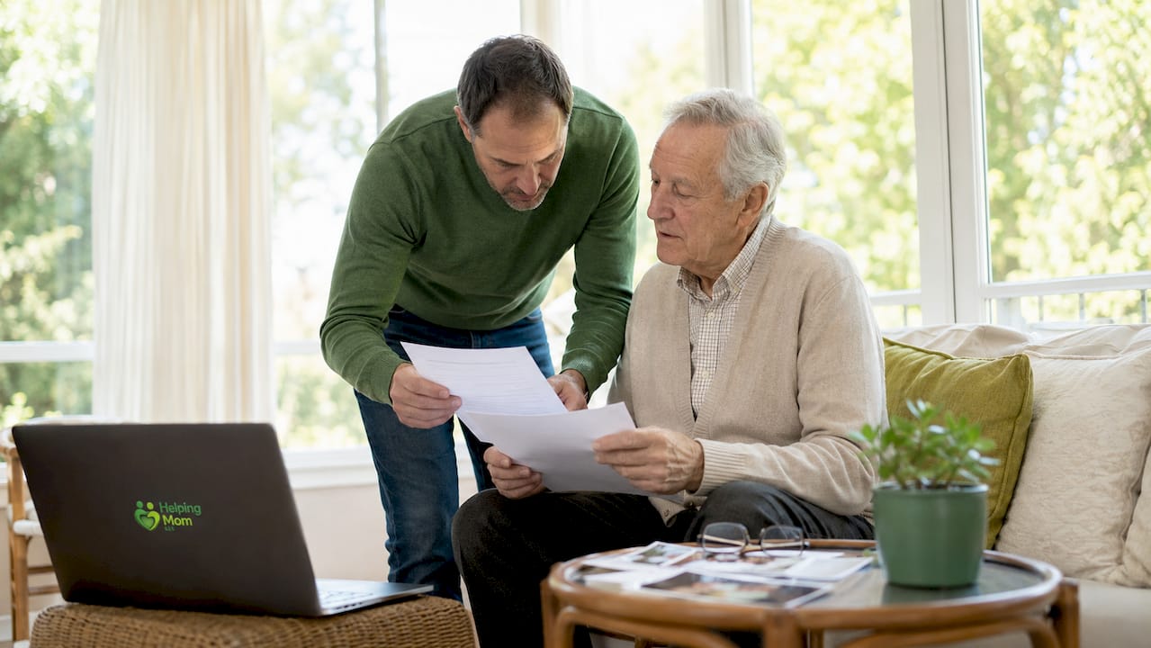 Adult son assisting father with organizing papers