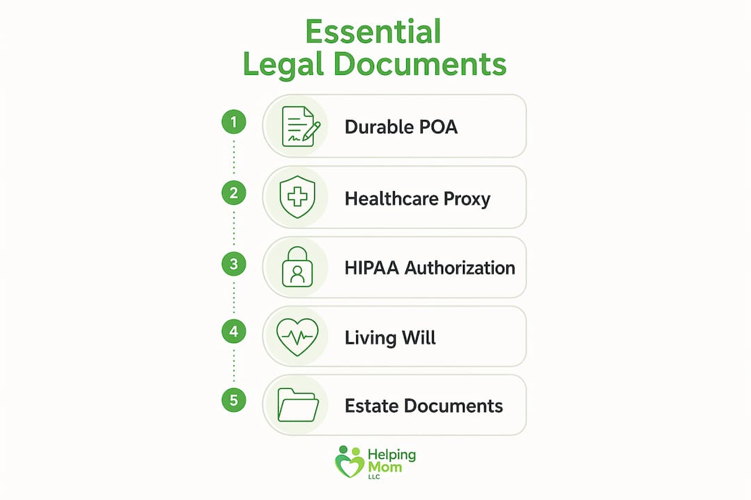 Infographic illustrating essential elder care legal documents in a vertical flow layout