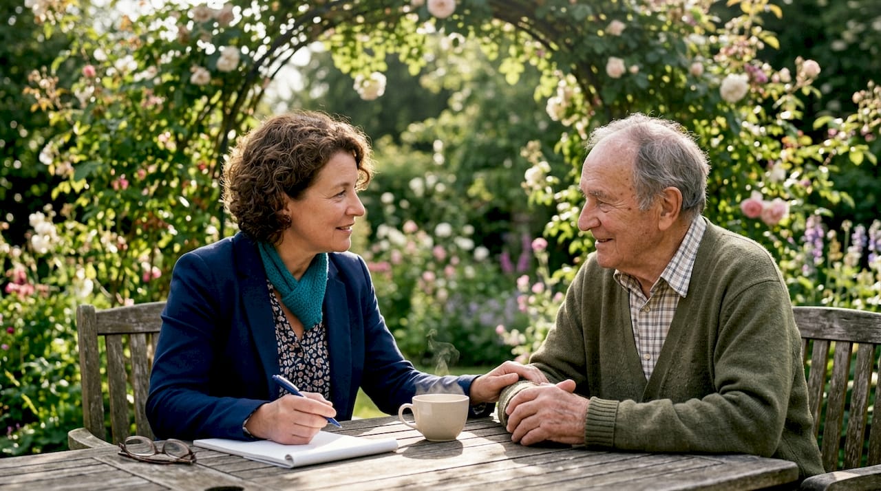 Social worker consulting elderly man indoors