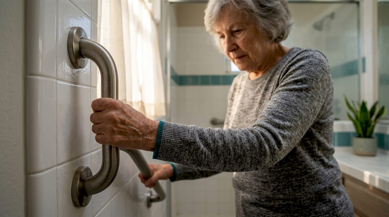 Hands gripping bathroom grab bar for safety