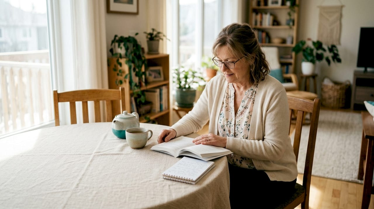 Older woman reading resilience guide at home