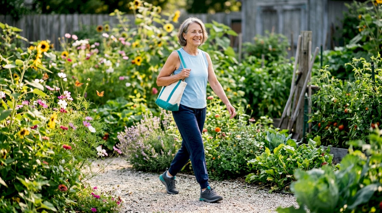 Senior woman walking outdoors for exercise