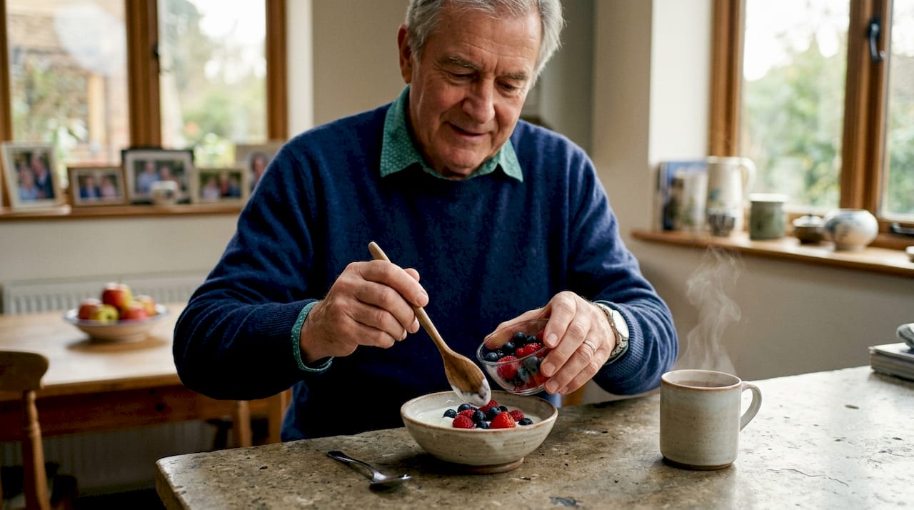 Senior man preparing breakfast in kitchen