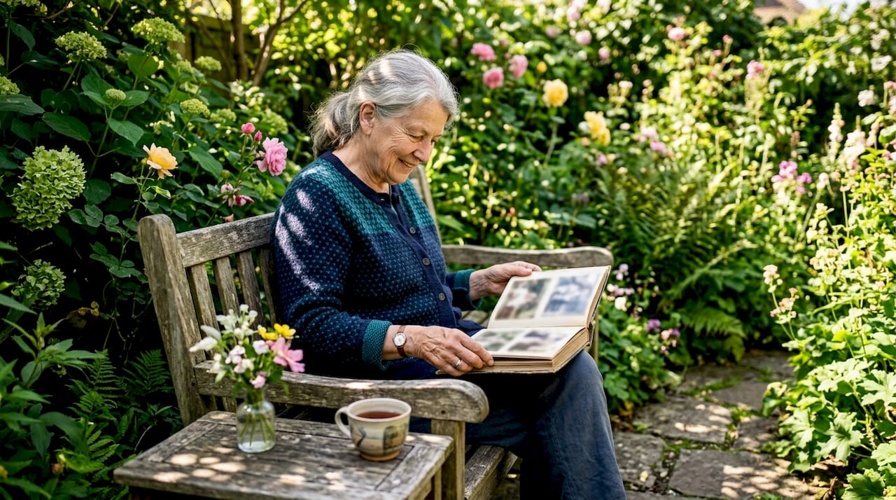 Senior woman enjoying a photo album at home