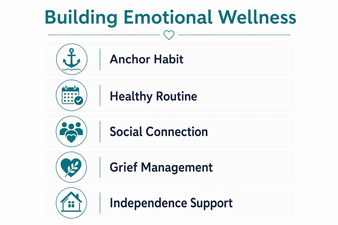 Infographic outlining steps to build emotional wellness for seniors
