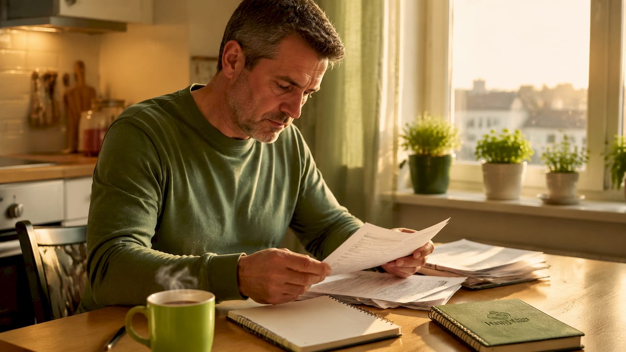 Man organizing medication and medical documents at home desk