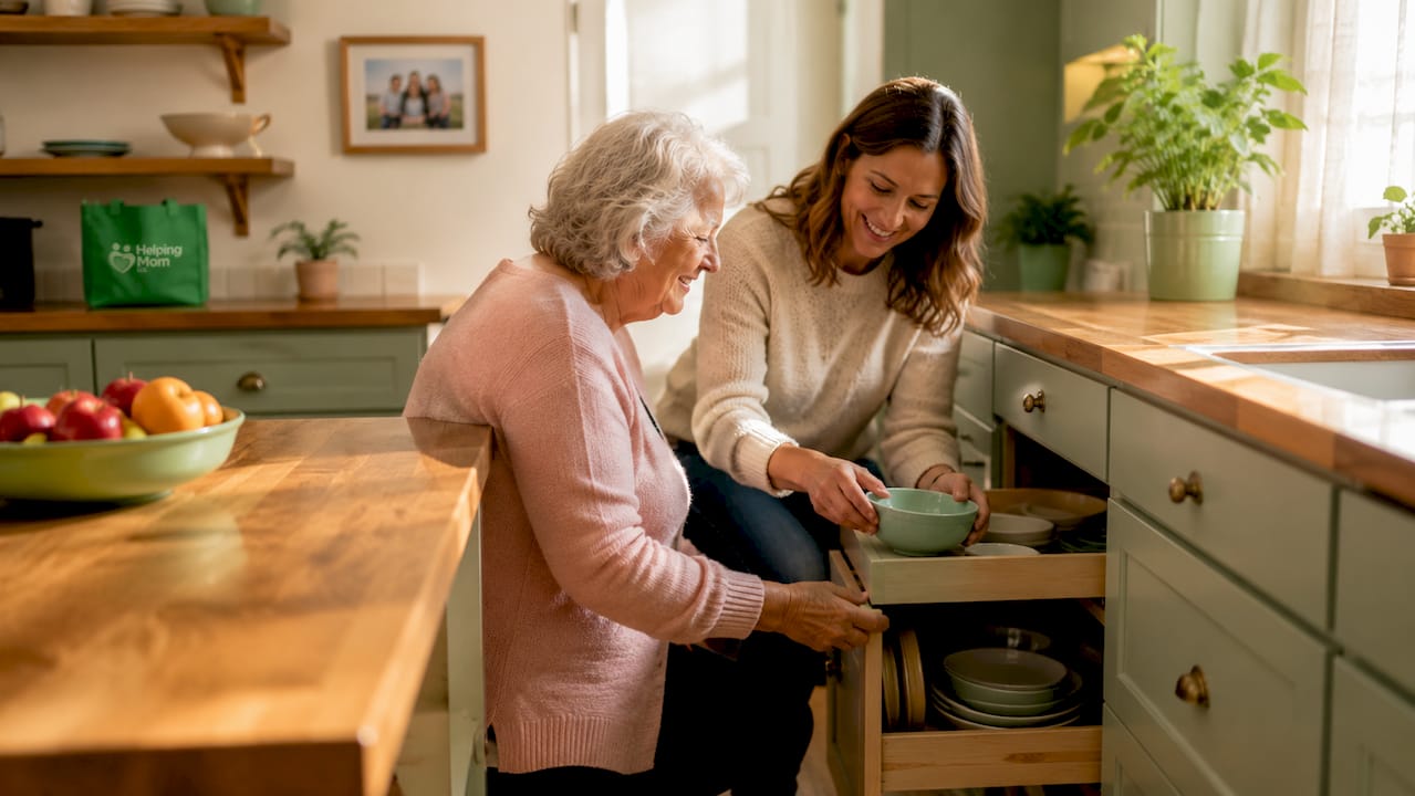 Caregiver and senior organizing kitchen cabinets