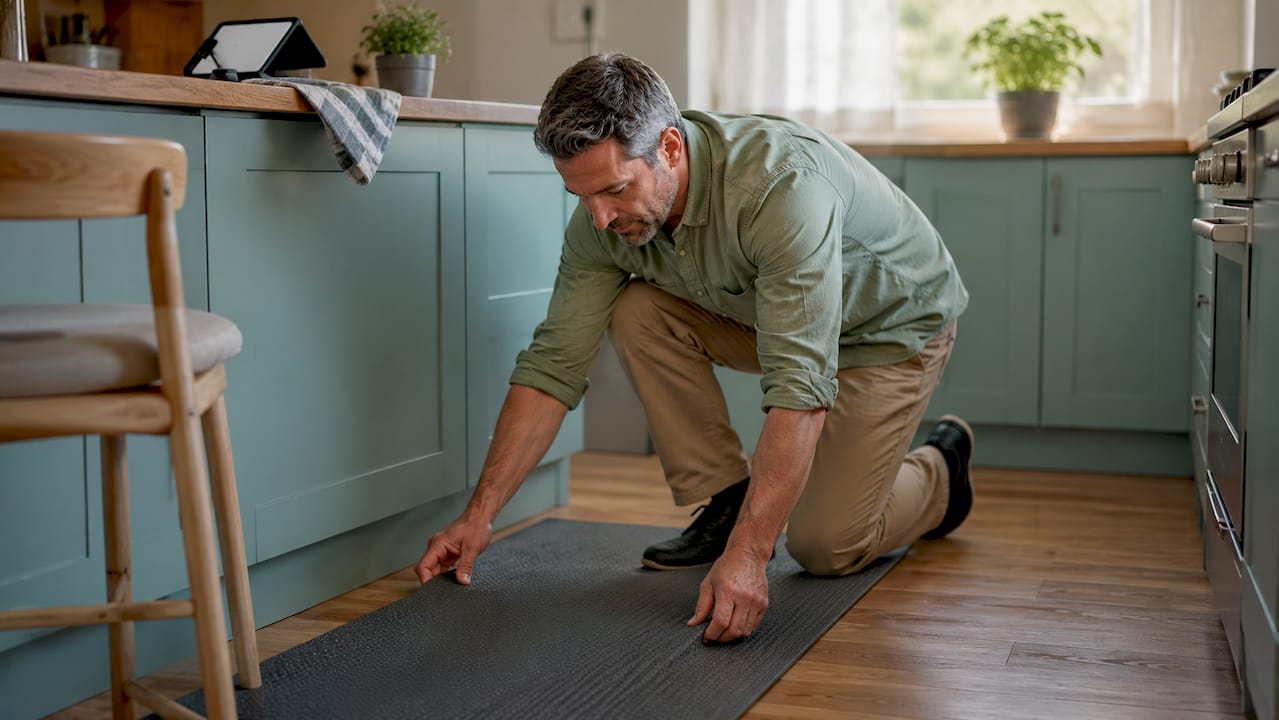 Adult son placing non-slip mat in kitchen floor