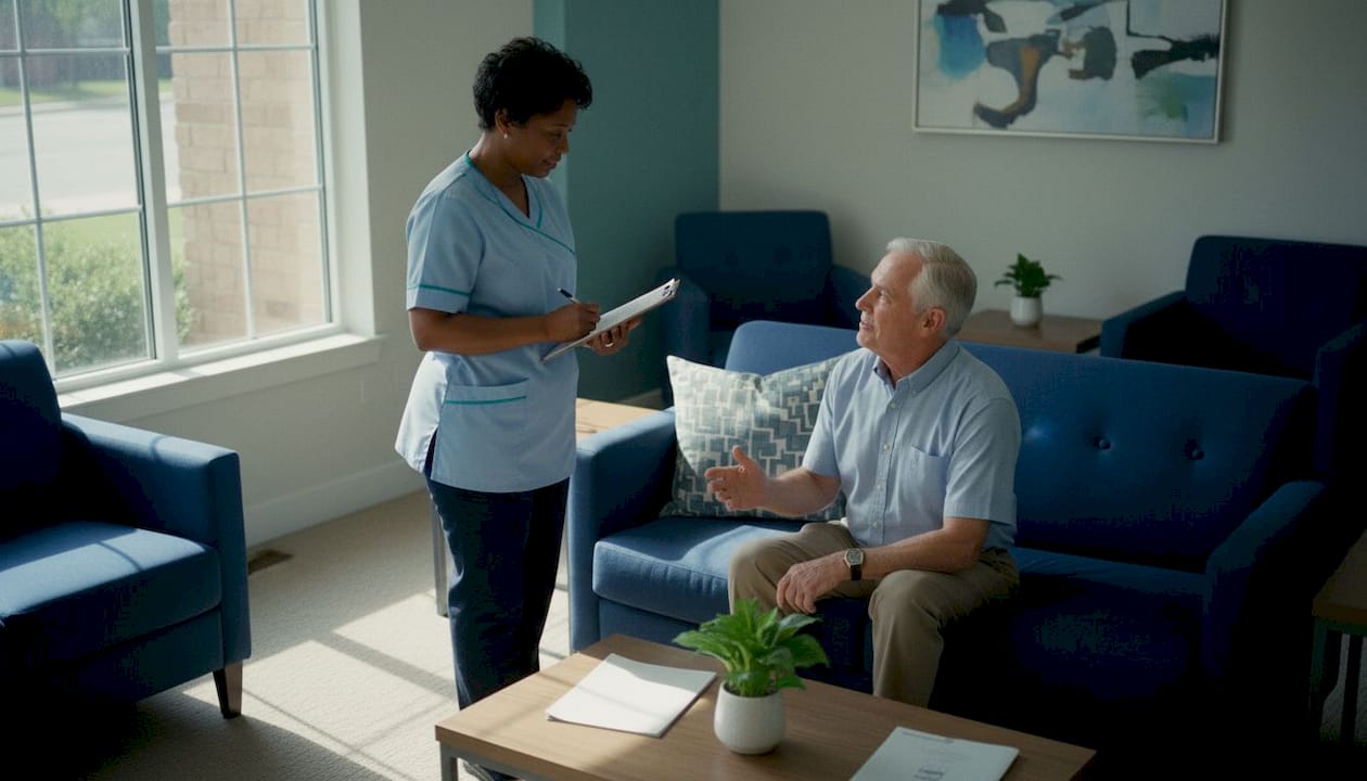 Nurse consulting senior during lifestyle assessment