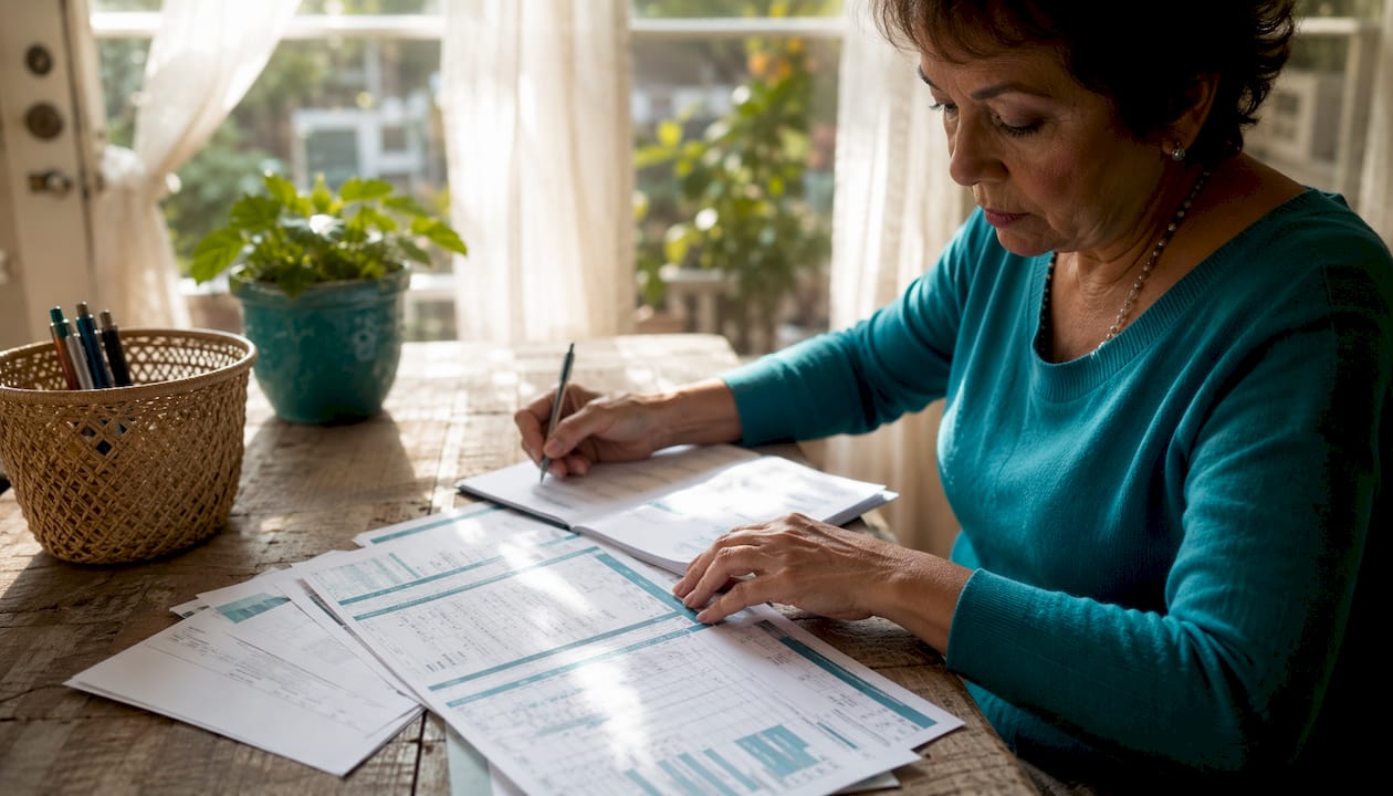 Hands organizing retirement budget documents at home desk