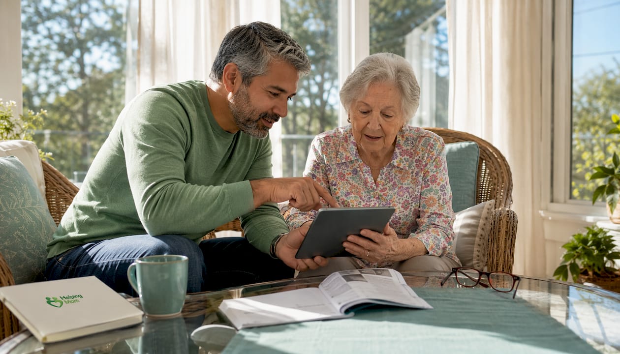 Man assisting elderly mother with tablet setup