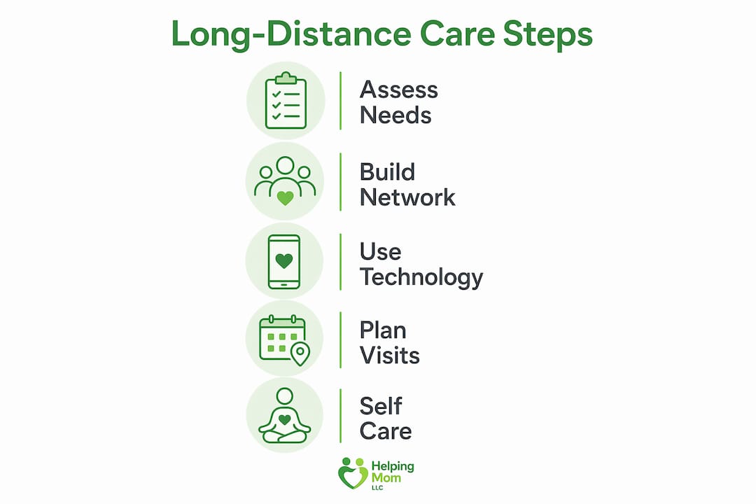 Infographic showing steps for long-distance caregiving