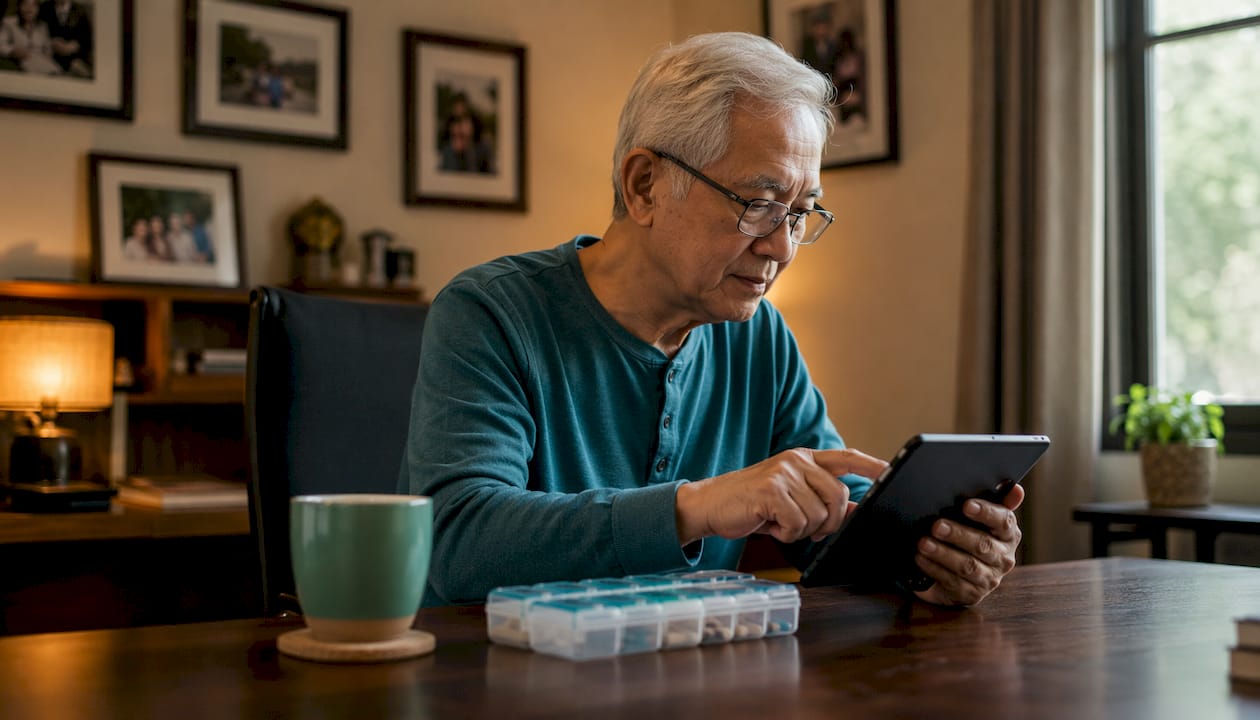 Senior using tablet for medication management