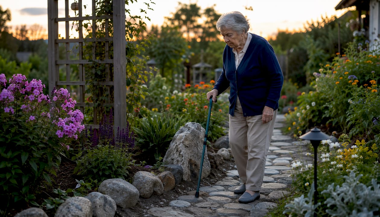 Elderly woman using cane outdoors on garden path