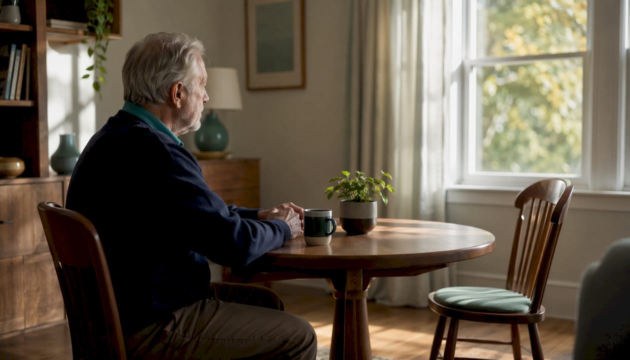 Male senior looking at empty chair in kitchen