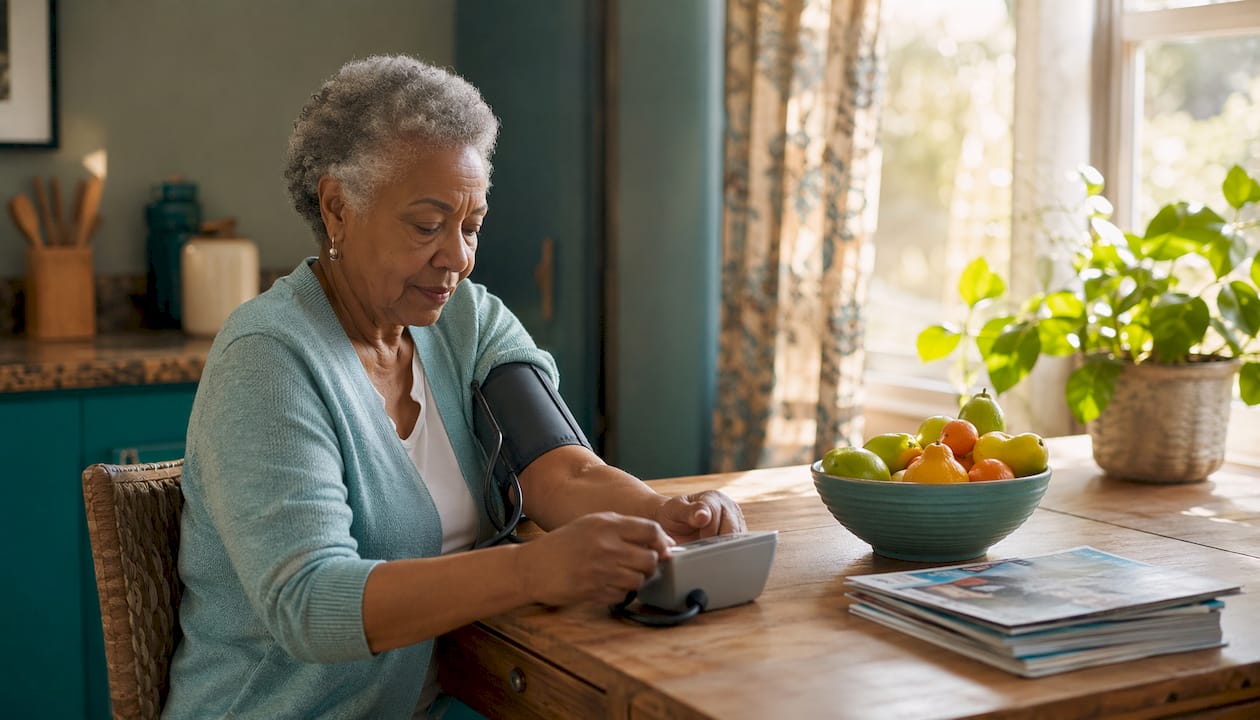 Elderly woman measuring blood pressure
