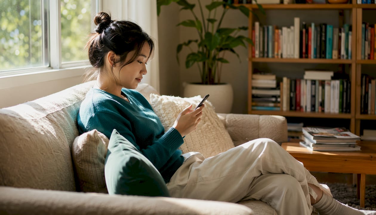 Young woman alone in bedroom using smartphone